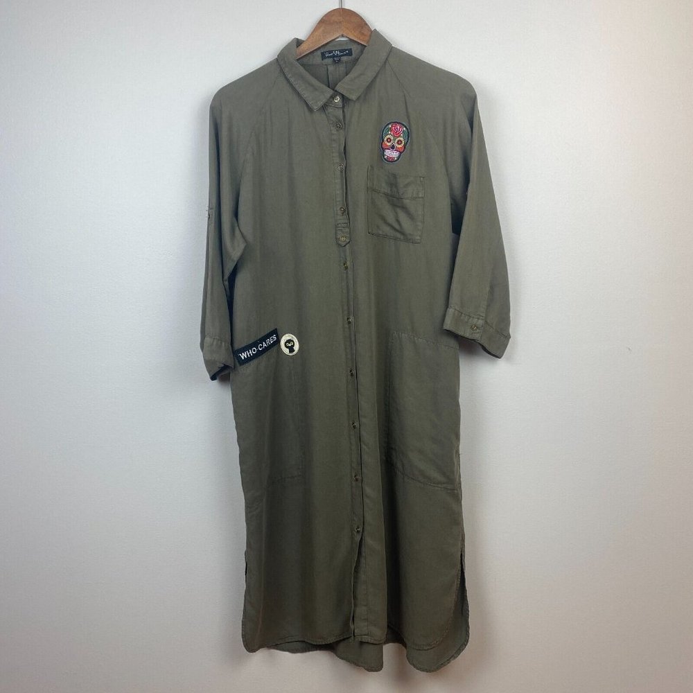 Velvet Heart Midi Shirt Dress L‎ Skull Patches Green Tencel 3/4 Roll Tab Sleeve